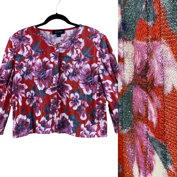 St. John Womens Floral One Button Cardigan Sweater Size 14 - Picture 1 of 9